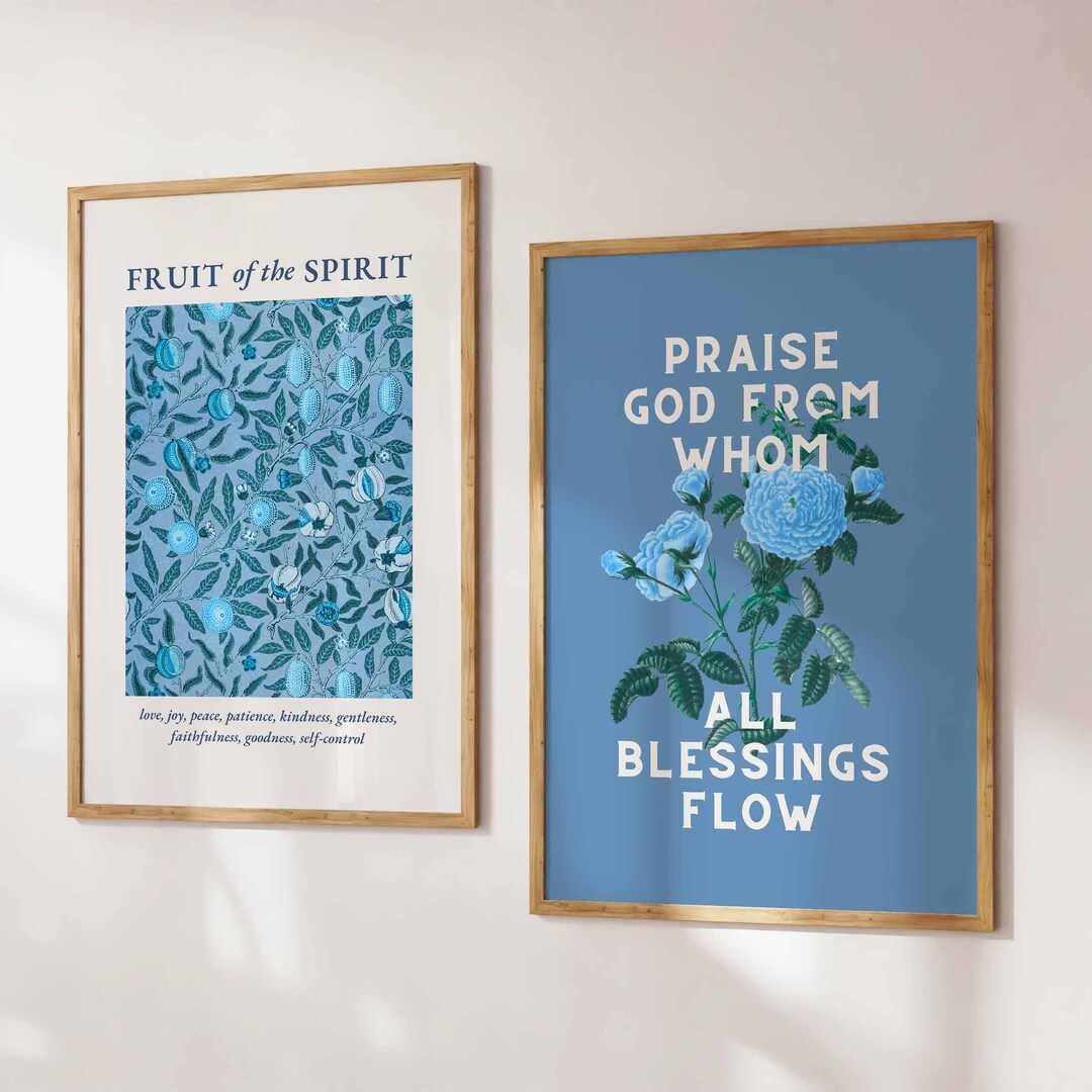 Blue Christian Wall Art Set of 2, Praise God Print, Fruit of the Spirit ...