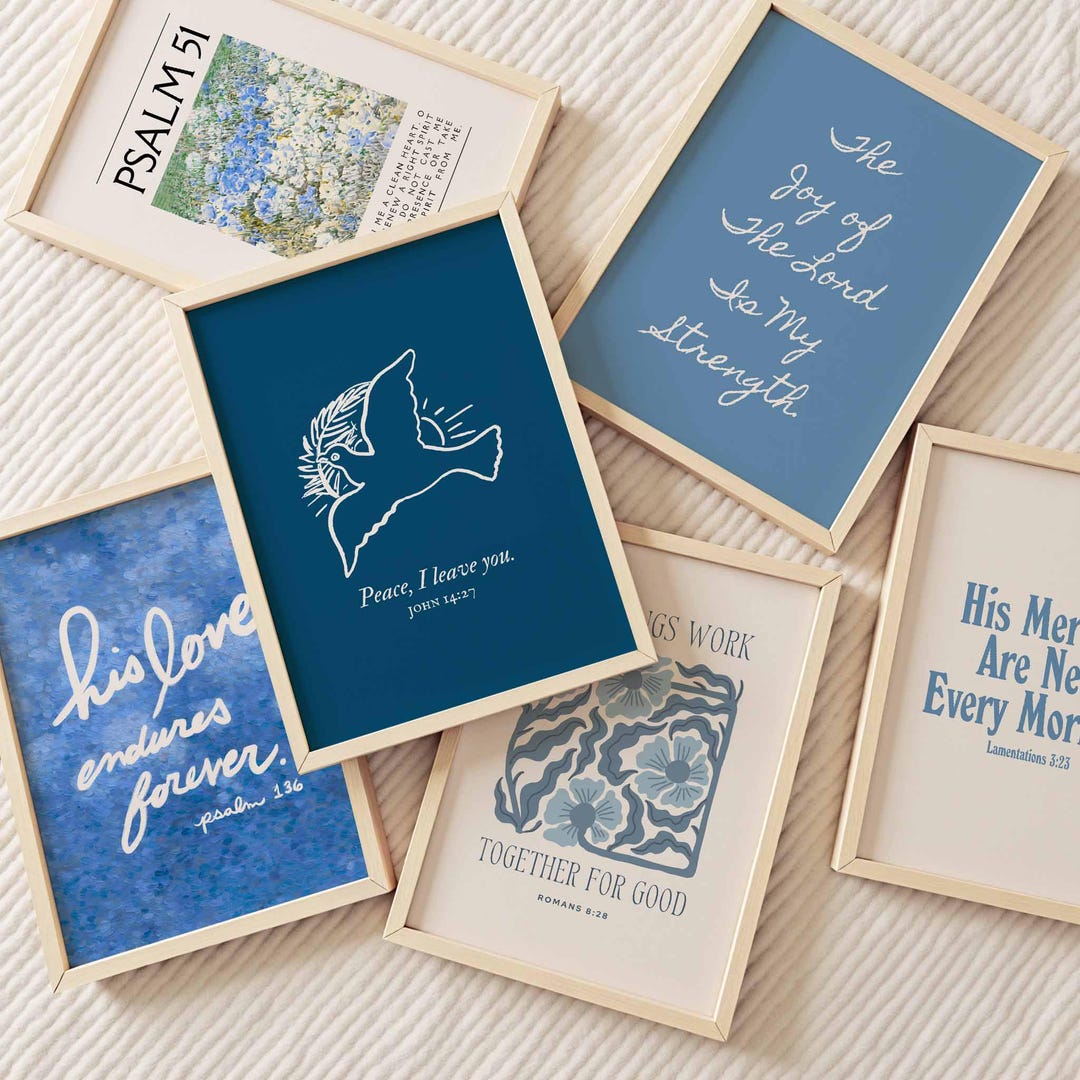 Blue Christian Wall Art Set: Minimalist Psalm Scripture Prints (digital ...
