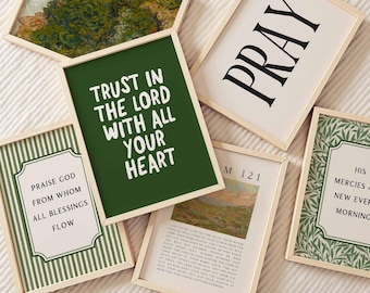 Christian Wall Art Set of 6, Bible Verse Prints, Green and White Decor, Inspirational Printable Quotes, Spiritual Wall Art Bundle 34