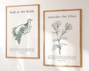 Matthew 6:26 Set of 2, Christian Wall Art, Bible Verse Posters, Sage Green Wall Art, Look At the Birds, Consider the Lilies