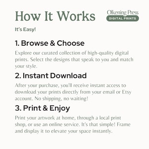 Op de afbeelding: Hoe het werkt: Een eenvoudige gids voor het kopen en downloaden van digitale prints. Blader door een gecureerde collectie van hoogwaardige digitale prints en maak je keuze. Download direct na aankoop. Print en geniet van je kunstwerk thuis of via een lokale printshop.