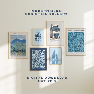 Modern Christian Art Bundle, Blue Set of 6, Gallery Wall, Coastal Eclectic Printable Wall Art, Bible Art, Digital Home Decor, Scripture Art