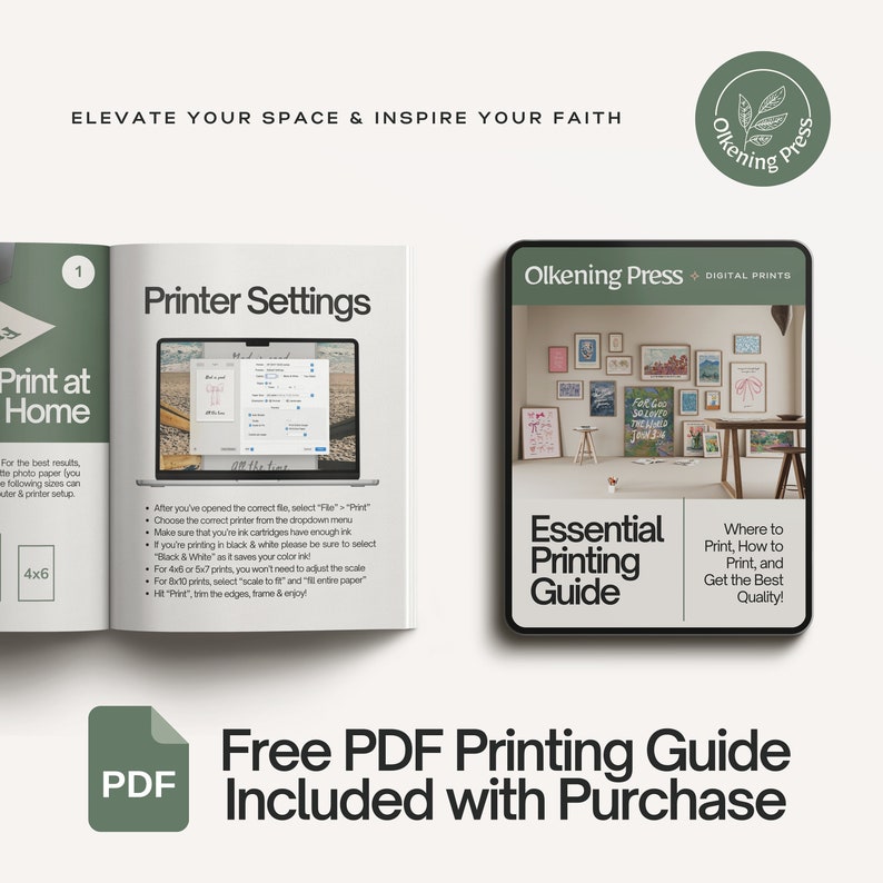 May include: A digital printable guide for printing at home. The guide includes tips on printer settings, paper selection, and how to get the best quality prints. The guide is titled "Essential Printing Guide" and is offered as a free PDF download with purchase.