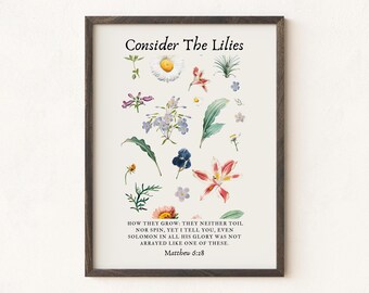 Consider the Lilies Matthew 6:28 Print – Vintage Botanical Christian Wall Art, Scripture Floral Decor, Bible Verse Print for Home