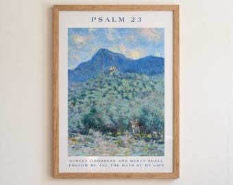 Psalm 23 Mountain Print, Bible Verse Poster, Blue Christian Wall Art, Scripture Printable (Digital Download)