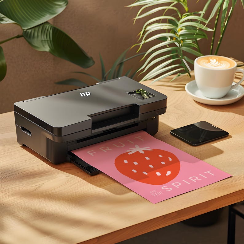 May include: A black HP printer with a sheet of paper printing a pink and red illustration of a strawberry with the text "Fruit of the Spirit".