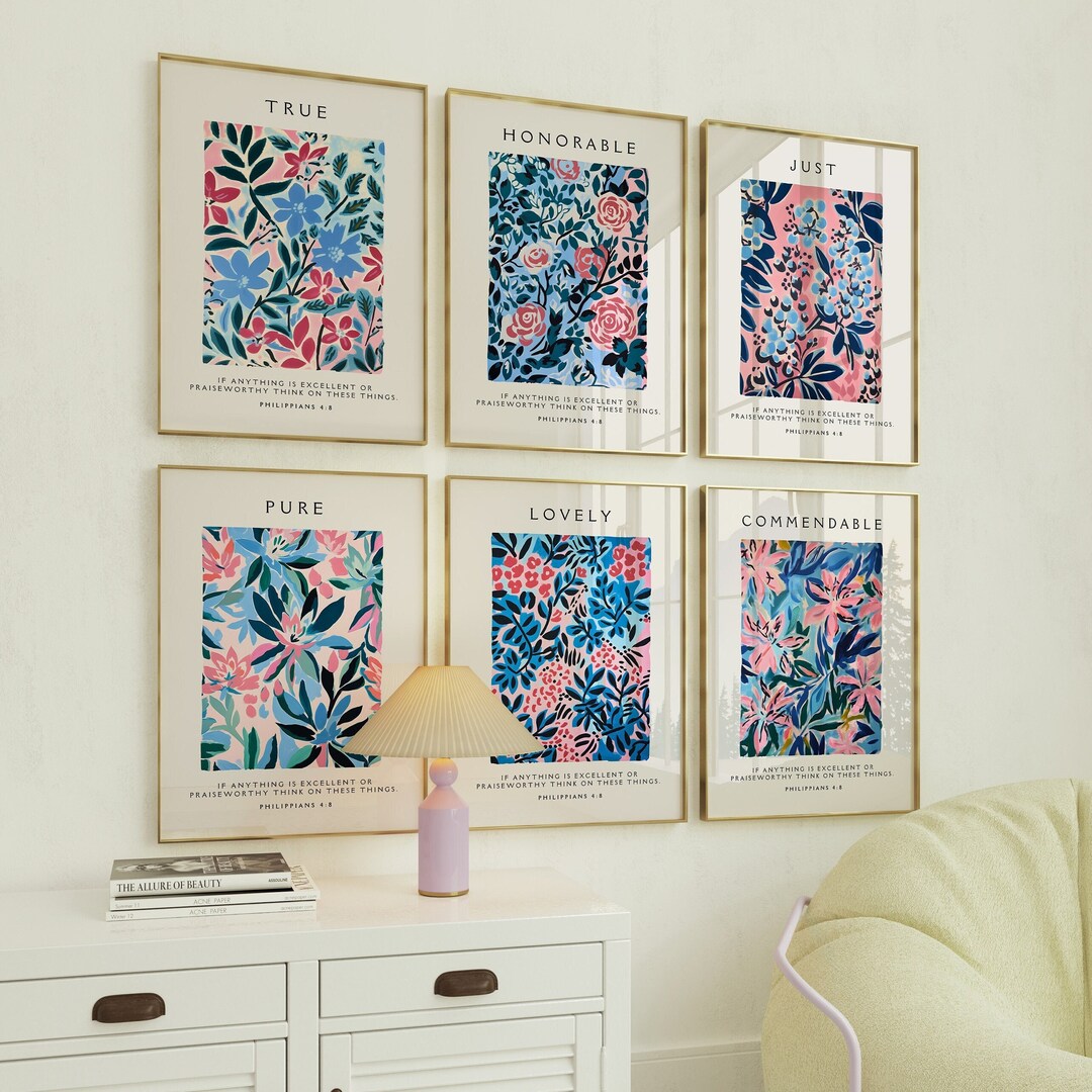 Pink Christian Pattern Pink Floral Pattern Christian Wall Art Set of 6 for Christian Home Wall ...