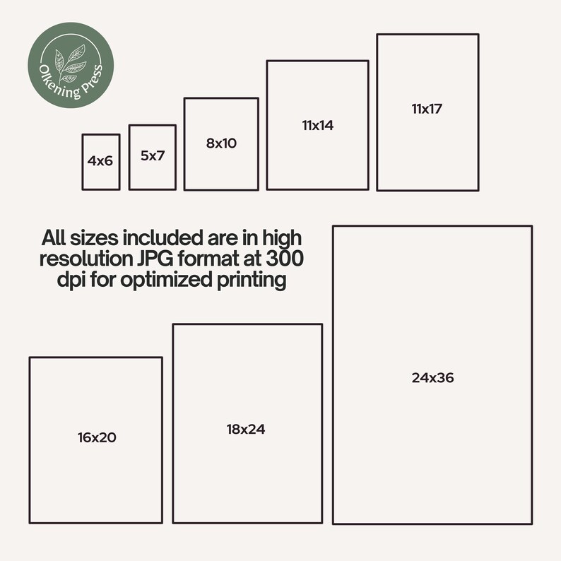 May include: A chart showing different print sizes available for purchase. The sizes are listed in inches: 4x6, 5x7, 8x10, 11x14, 11x17, 16x20, 18x24, and 24x36. The text "All sizes included are in high resolution JPG format at 300 dpi for optimized printing" is below the chart.