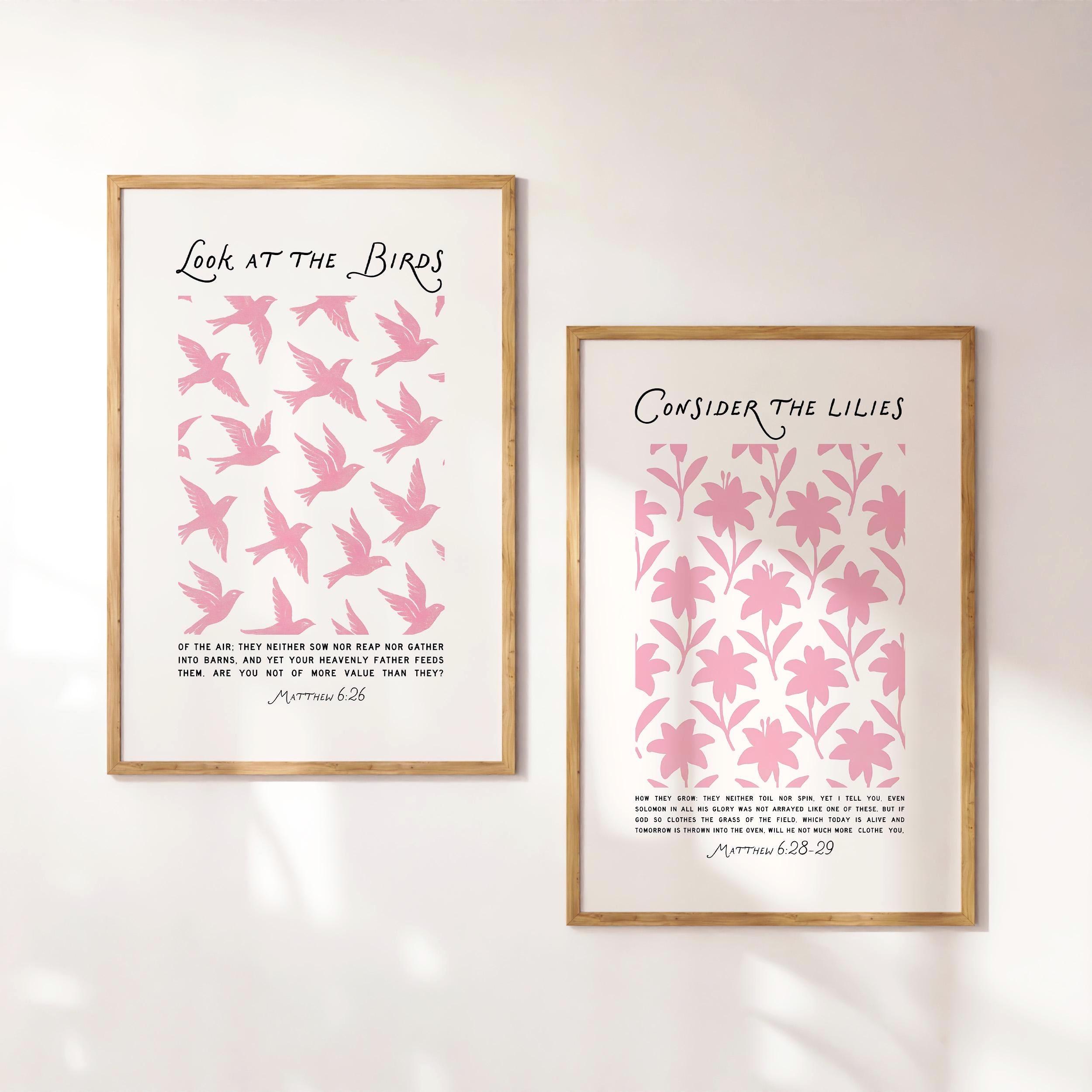 Matthew 6 Set of 2, Christian Wall Art, Look At The Birds, Consider The Lilies, Bible Verse Posters, Pink Preppy Scripture Art, Dorm Room