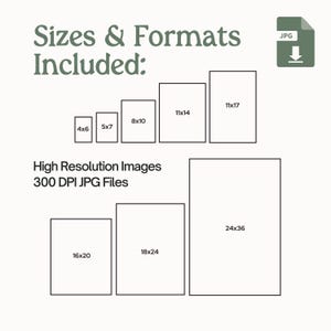May include: A graphic showing different sizes of digital images available for download. The sizes are listed in inches, such as 4x6, 5x7, 8x10, 11x14, 11x17, 16x20, 18x24, and 24x36. The text "High Resolution Images 300 DPI JPG Files" is also included.