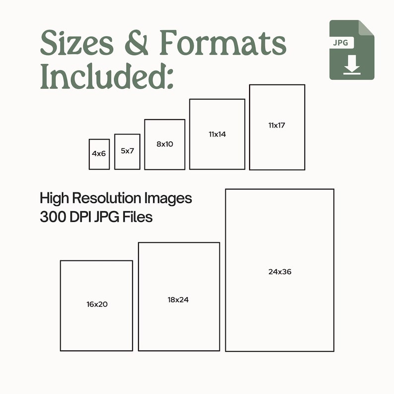 May include: A graphic showing different sizes of digital images available for download. The sizes are listed in inches, such as 4x6, 5x7, 8x10, 11x14, 11x17, 16x20, 18x24, and 24x36. The text "High Resolution Images 300 DPI JPG Files" is also included.
