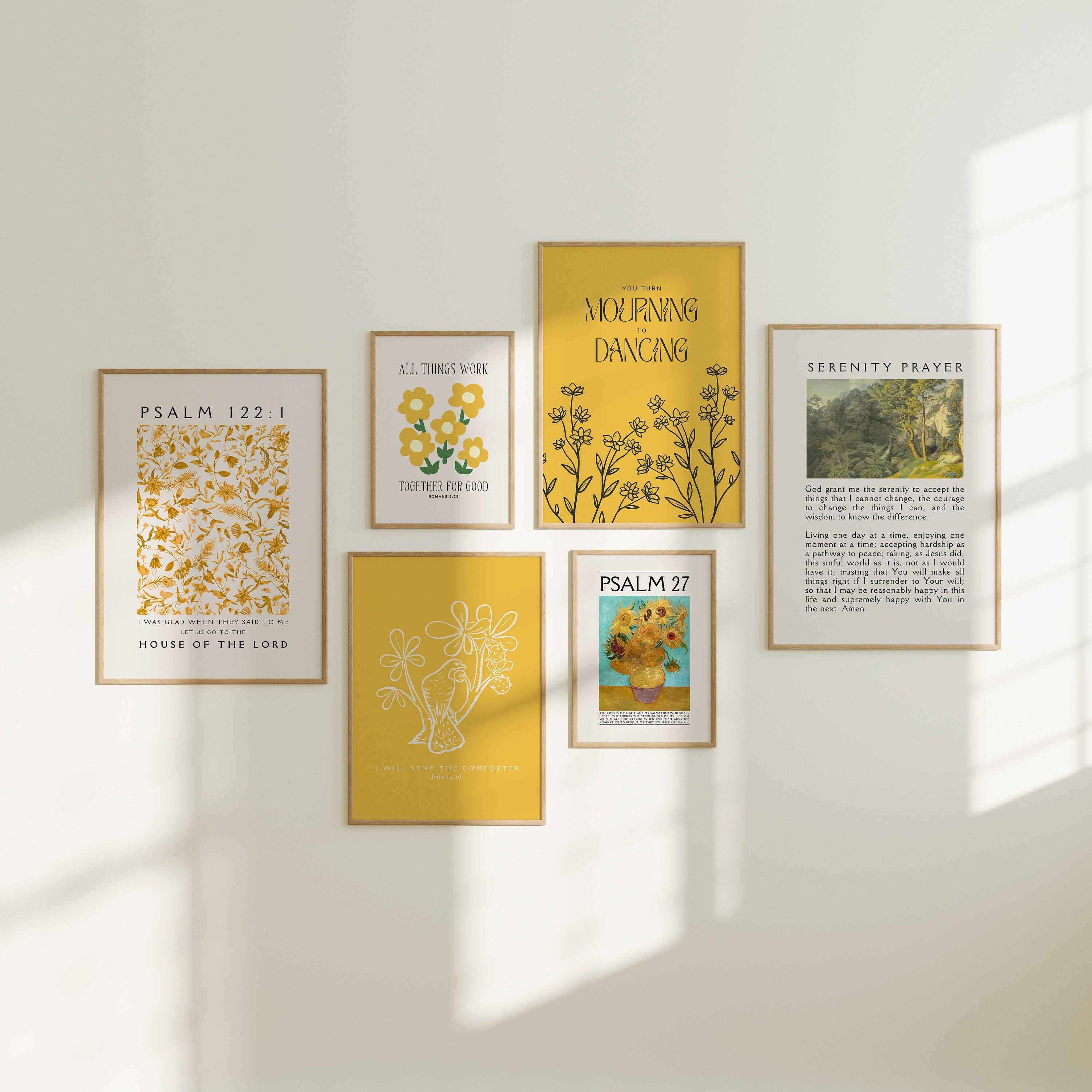 Christian Wall Art Bundle in Yellow, Gallery Wall Set Colorful, Vintage Prints, Printable Wall Art, Bible Verse Wall Art, Christian Gift