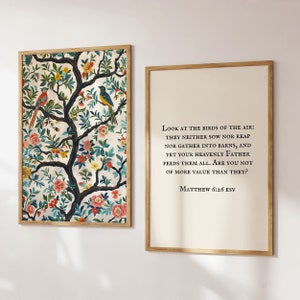 Mateo 6 Chinoiserie Wall Art Jarrón Conjunto de 2 Christian Wall Art Bible Verse Large Poster Imprimible Faith Gift Vintage Flower Market Prints