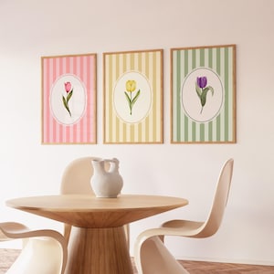 Pastel Striped Minimal Tulip Prints, Downloadable Art, English Garden, Vintage Spring Floral Bouquet Posters, Trendy Decor, Easter Wall Art