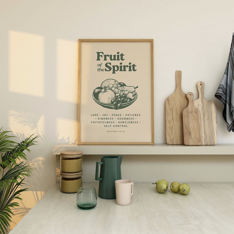 Fruit of the Spirit Wall Art, Retro Kitchen Print, Sage Green Wall Art, Dorm Room Essentials, Christian Wall Art, Scripture Wall Art Gift image 2