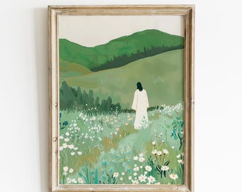 Jesus in Wildflower Field Art Print: Christian Landscape (Digital Download)