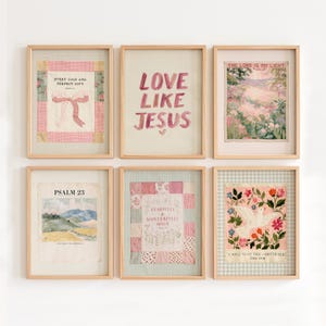 Puede incluir: Un conjunto de seis láminas de arte mural enmarcadas con temas religiosos. Las impresiones incluyen textos como Every Good and Perfect Gift, Love Like Jesus, The Lord Is My Light, Psalm 23, Fearfully and Wonderfully Made e I Will Send the Comforter.