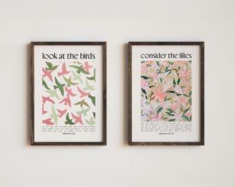 Matthew 6 Bible Verse Art Prints: Floral Bird Decor (Digital Download)