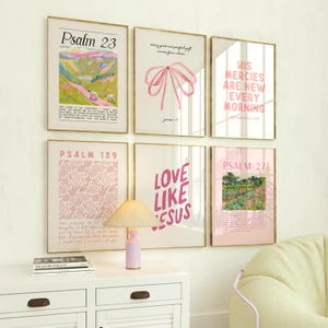May include: Six framed prints with pink and white designs and text. The prints feature bible verses, including Psalm 23, Psalm 139, Psalm 27, and the phrase "Love Like Jesus".