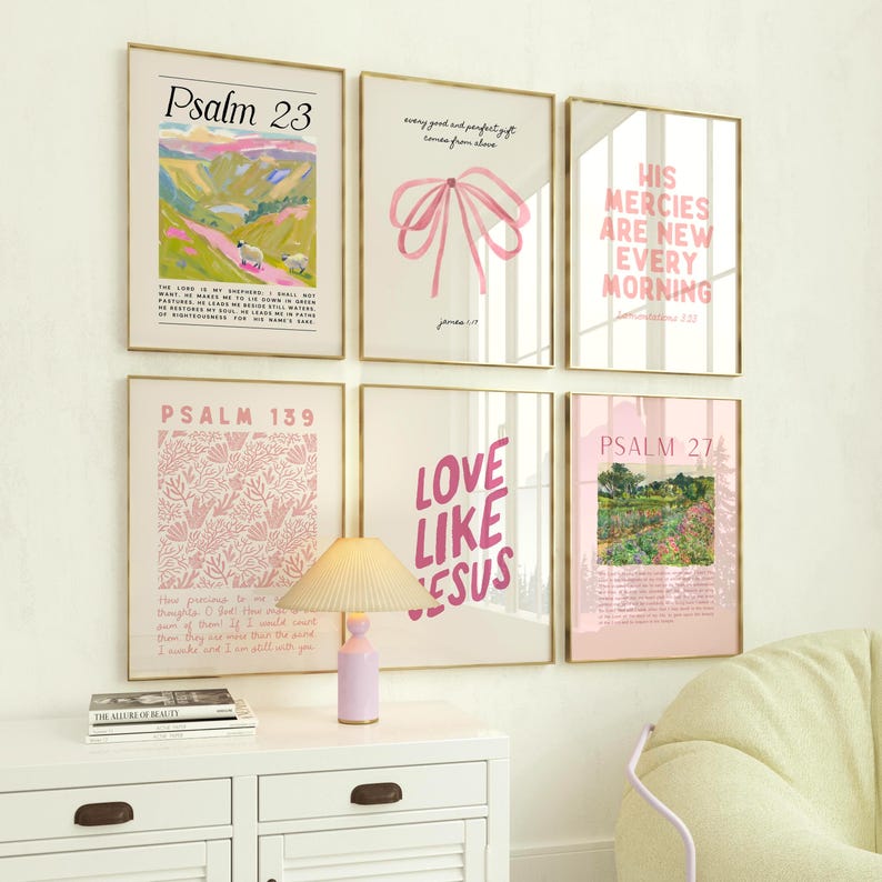 May include: Six framed prints with pink and white designs and text. The prints feature bible verses, including Psalm 23, Psalm 139, Psalm 27, and the phrase "Love Like Jesus".