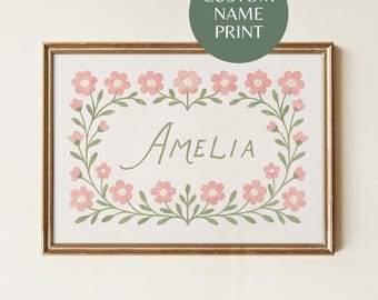 Custom Floral Name Nursery Print: Pink Flower Girl Decor (Digital Download, PNG Files Included)