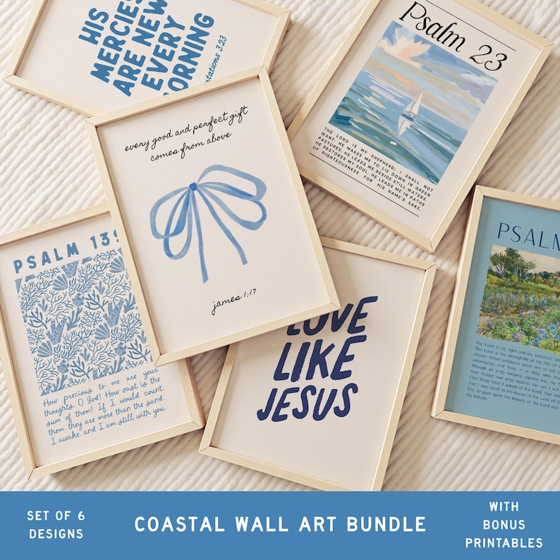 Christian Bible Verse Wall Art Set, Blue Scripture Prints for Coastal ...