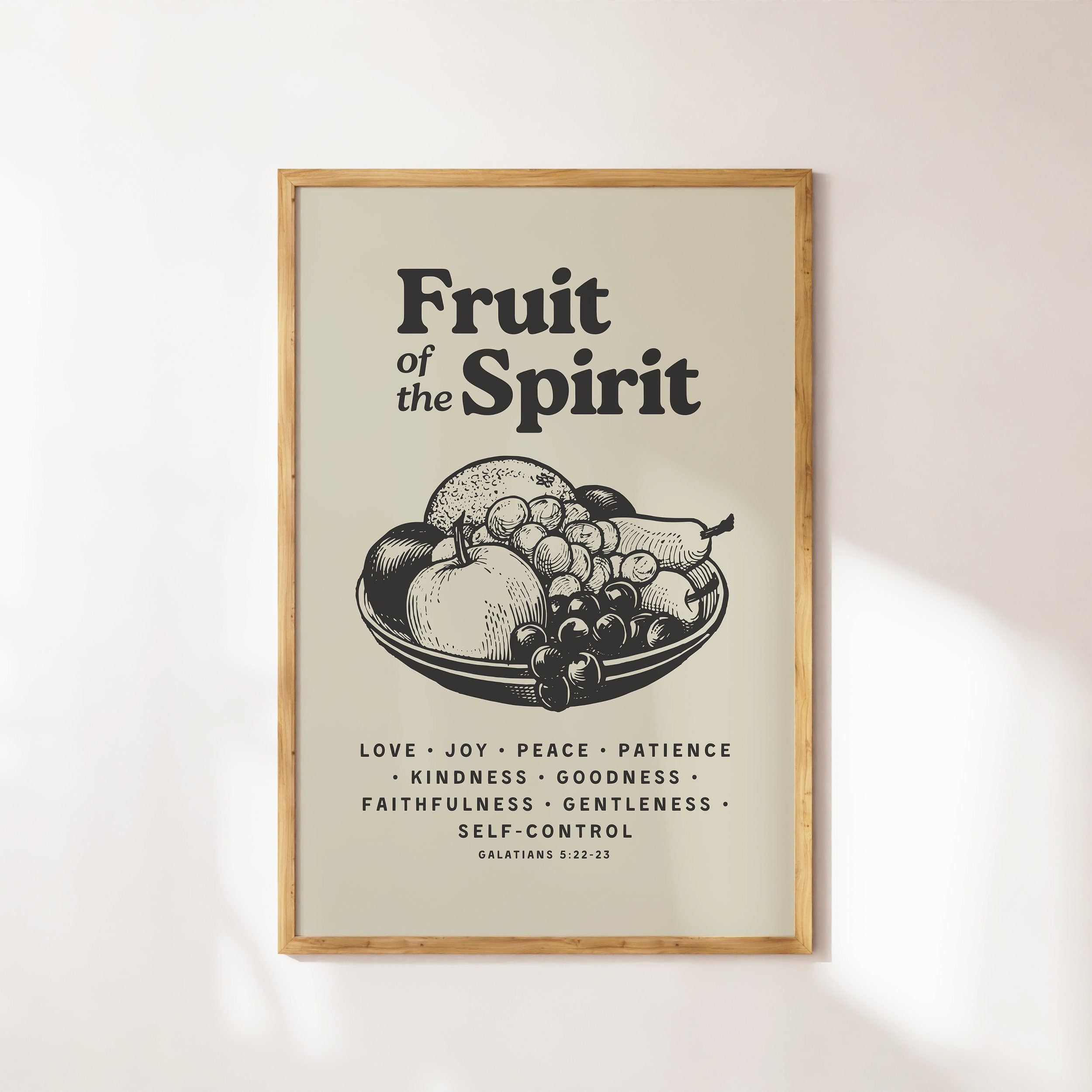 Fruit of the Spirit Wall Art, Retro Kitchen Print, Neutral Beige Wall Art, Dorm Room Essentials, Christian Wall Art, Scripture Wall Art Gift