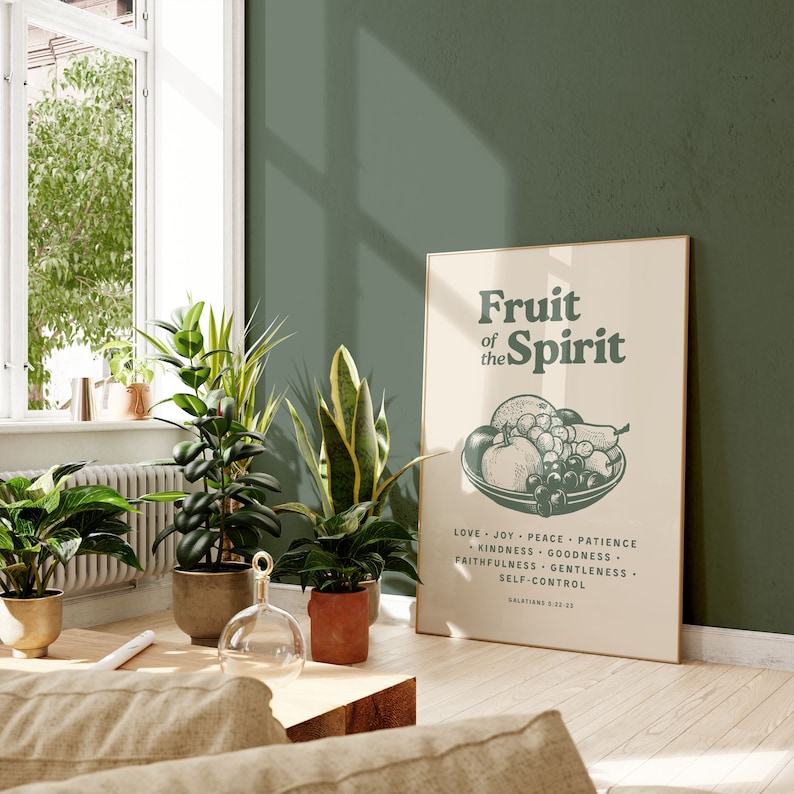 Fruit of the Spirit Wall Art, Retro Kitchen Print, Sage Green Wall Art, Dorm Room Essentials, Christian Wall Art, Scripture Wall Art Gift image 6