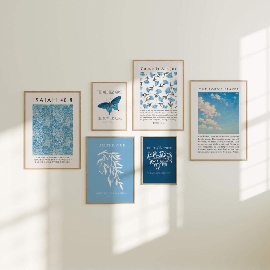 Blue Christian Wall Art Print Set: Vintage Bible Verse Gallery (digital ...