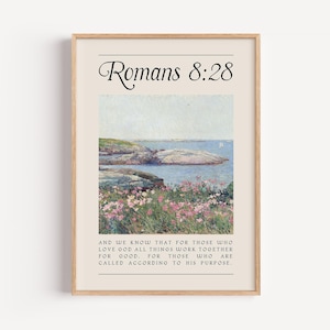 Romans 8:28 Scripture Wall Art, Coastal Bible Verse Print, Christian Beach Landscape Home Decor, Trendy Apartment Decor