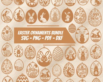 Paquete SVG de adornos de Pascua, archivos cortados con láser de huevos de conejito (descarga digital)