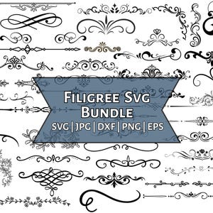 May include: A selection of black filigree design elements, including borders, swirls, and flourishes. The image features a variety of decorative shapes. Text in the centre reads "Filigree SVG Bundle" with file type options. Ideal for digital design projects.