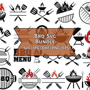 Könnte beinhalten: Eine Sammlung von schwarz-weißen BBQ-Grafiken. Die Designs zeigen Grills, Flammen, Spatel und Gabeln. Der Text im Bild lautet "BBQ SVG BUNDLE" und "MENU". Geeignet für verschiedene Bastelprojekte.