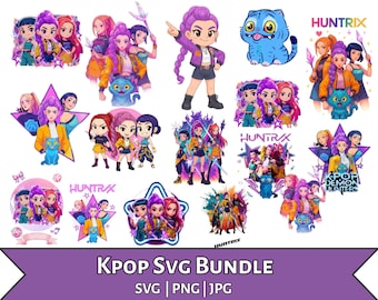 May include: A collection of colorful digital illustrations featuring K-pop-inspired characters. The images showcase groups of stylized figures with vibrant hair and outfits, along with a blue cat. Text includes "HUNTRIX" and "KPOP SVG BUNDLE".