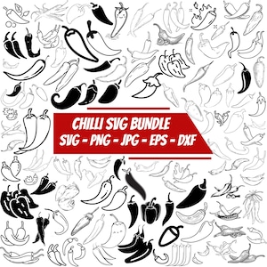 May include: A collection of chili pepper illustrations in various shapes and styles, both in black and white. The image includes the text "CHILLI SVG BUNDLE" with file format options: SVG, PNG, JPG, EPS, and DXF.