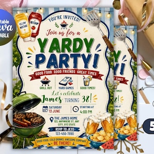 Op de afbeelding: Een 5x7 inch uitnodiging voor een tuinfeest, met een groene barbecue, bierglazen en watermeloen. De uitnodiging bevat de tekst "YARDY PARTY!" en details voor het evenement, zoals datum, tijd en locatie.