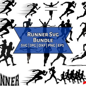 May include: A collection of black silhouette graphics of runners in various poses, with speed lines. The text "RUNNER SVG BUNDLE" is displayed in a blue banner, along with file type abbreviations. The word "RUNNER" is also displayed in a bold, stylized font.