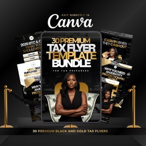 Może przedstawiać: Czarno-złoty pakiet szablonów ulotek podatkowych z tekstem "30 Premium Tax Flyer Template Bundle" i "For Tax Preparers". Obraz zawiera kobietę i kilka innych ulotek. Widoczny jest również tekst "Edit Directly In Canva".