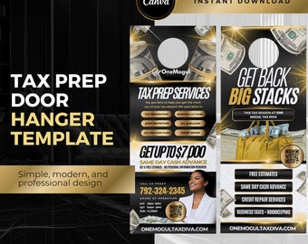 Puede incluir: Una plantilla de colgador de puerta negro y dorado con el texto "Tax Prep Services" y "Get Up To 7.000 € Adelanto de efectivo en el mismo día". La plantilla también incluye un número de teléfono y una dirección de sitio web.