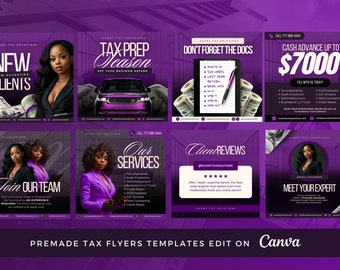 Peut inclure: Modèles de flyers violets et noirs pour les services de préparation fiscale. Les flyers présentent une femme en blazer violet et du texte qui dit "Tax Prep Season", "Don't Forget the Docs", "Cash Advance Up to 7000 €", "Our Services", "Client Reviews", et "Meet Your Expert".