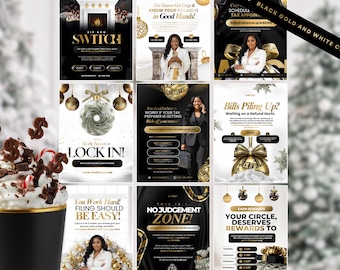 May include: A collection of black, gold, and white Christmas flyers. Each flyer features a woman and text related to tax preparation services. The flyers have decorative elements like ornaments and a fireplace.