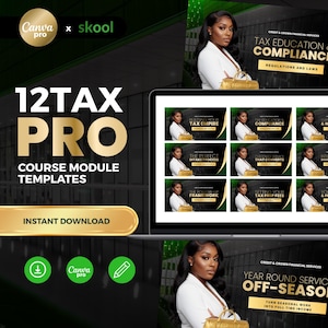 Puede incluir: Un gráfico de marketing digital con el texto "12TAX PRO" y "COURSE MODULE TEMPLATES". La imagen también incluye una pantalla de portátil que muestra varios temas relacionados con los impuestos y una mujer con una blazer blanca.
