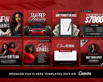 May include: Six red and black tax flyer templates with white text. The flyers advertise tax preparation services, cash advances, and a team of experts. The text on the flyers includes "New Clients", "Tax Prep Season", "Don't Forget The Docs", "Cash Advance Up To $7000", "Our Services", "Client Reviews", "Join Our Team", and "Meet Your Expert".