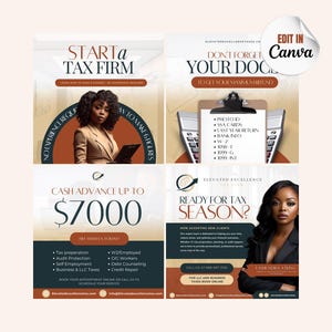 Może przedstawiać: Zestaw czterech brązowych i białych ulotek biznesowych z kobietą w beżowym żakiecie i kalkulatorem. Ulotki reklamują usługi podatkowe, w tym zaliczki gotówkowe do 7 000 $. Tekst na ulotkach brzmi: "Start a Tax Firm", "Don't Forget Your Docs", "Cash Advance Up To $ 7,000" i "Ready For Tax Season?"