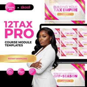 Puede incluir: Imagen promocional de servicios de preparación de impuestos. La imagen presenta a una mujer con una blazer blanca, con el texto "12TAX PRO" y "COURSE MODULE TEMPLATES". Una pantalla de portátil muestra temas relacionados con los impuestos. El fondo incluye el texto "BUILDING YOUR TAX EMPIRE".