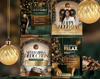 May include: Bronze and gold Christmas tax flyers with holiday themes. The flyers include text such as "Our Family", "Happy Holidays", "Never Miss a Deduction", and "This Holiday Relax". The flyers are decorated with Christmas ornaments.