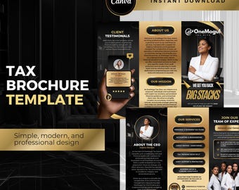 Puede incluir: Una plantilla de folleto en negro y dorado para un negocio de servicios fiscales. El folleto presenta una foto de una mujer con una camisa blanca y una chaqueta negra, el texto "OneMogul Tax Diva" y el número de teléfono 862-505-9554. El folleto también incluye el texto "We Get You Back Big Stacks" y "Join Our Team of Experts".