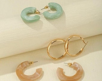 Hoop earrings- Gold hoops- Brown hoops- Green hoops