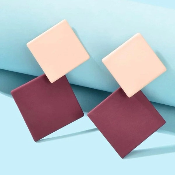 Maroon block décor earrings- Geometric earrings- Statement earrings