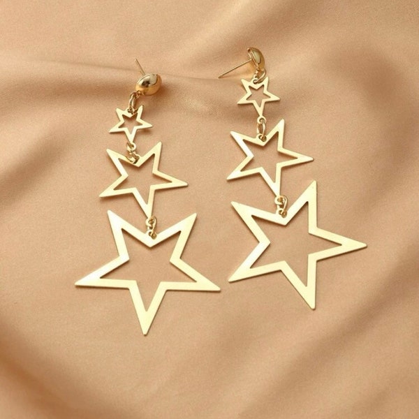 Link star drop earrings- Star drop earrings- Gold star earrings